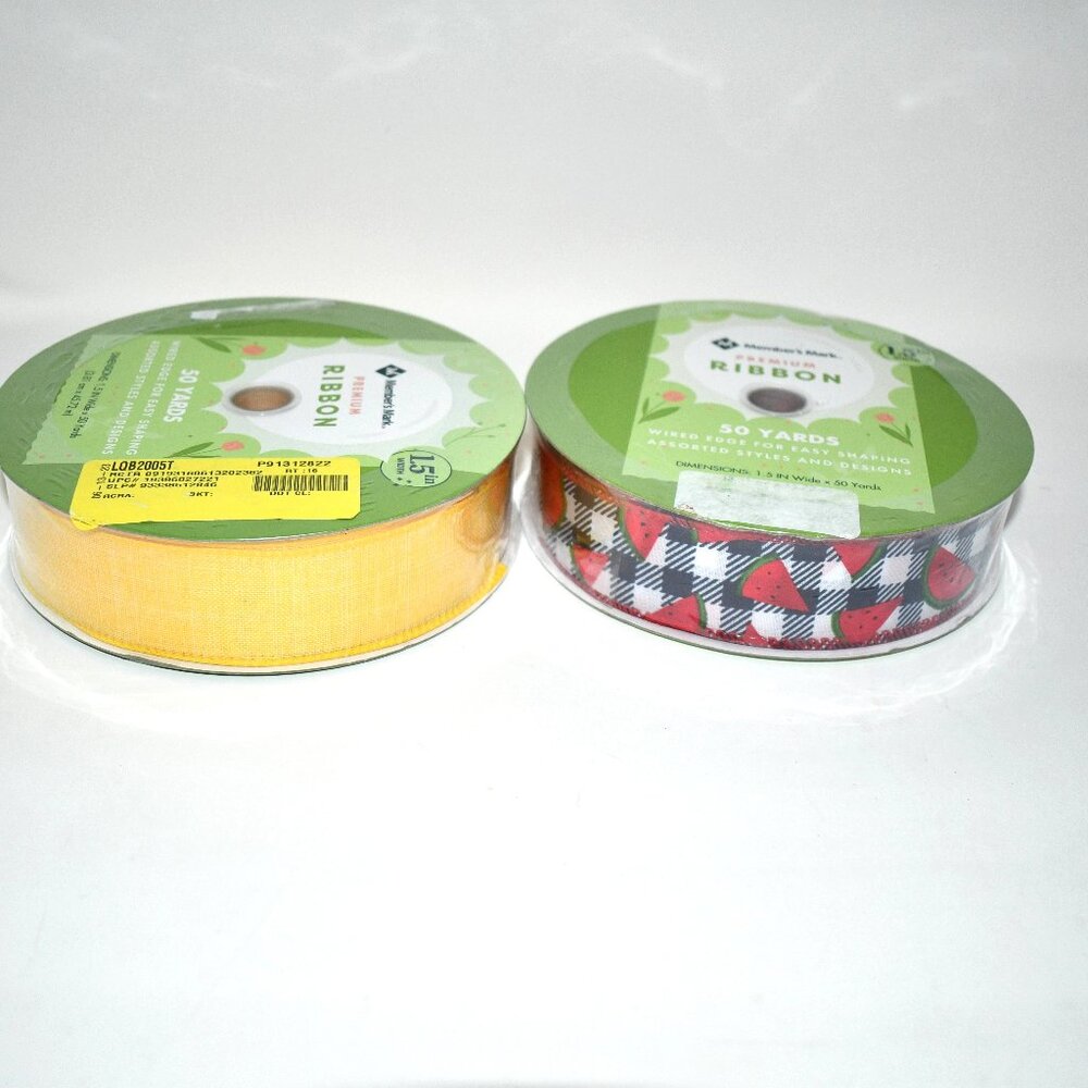Member's Mark Set of 2- 1.75" Wired Ribbon Watermelon & Yellow 50 Yards NWT